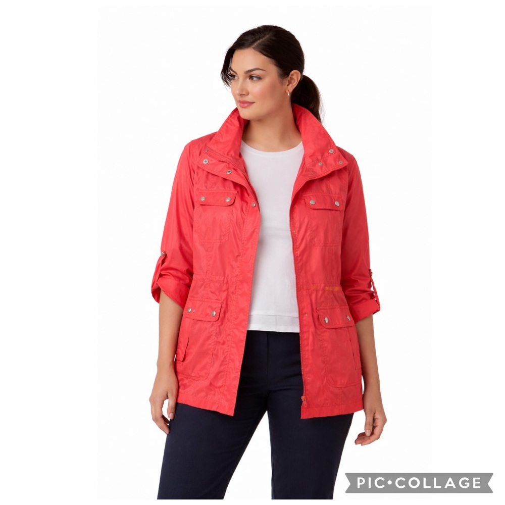 STYLE & CO CORAL UTILITY JACKET HIDDEN HOOD ROLL TAB SLEEVE RESISTENT
